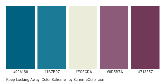 Keep Looking Away - Color scheme palette thumbnail - #006180 #1B7B97 #ECECDA #8d5b7a #713857 
