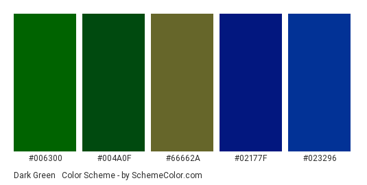 Dark Green & Blue - Color scheme palette thumbnail - #006300 #004a0f #66662a #02177f #023296 