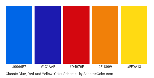 Classic Blue, Red and Yellow - Color scheme palette thumbnail - #0066E7 #1C1AAF #D4070F #F18009 #FFDA13 