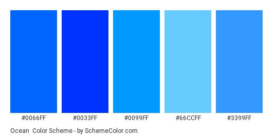 Ocean - Color scheme palette thumbnail - #0066ff #0033ff #0099ff #66ccff #3399ff 