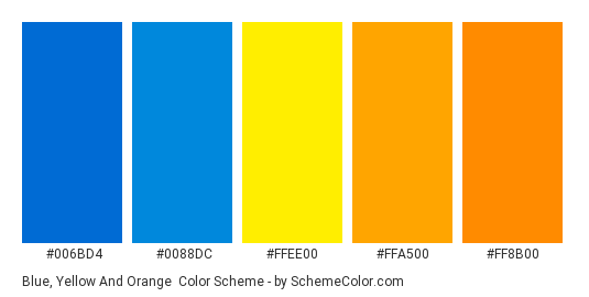 Blue, Yellow and Orange - Color scheme palette thumbnail - #006BD4 #0088DC #FFEE00 #FFA500 #FF8B00 