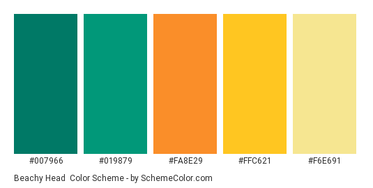 Beachy Head - Color scheme palette thumbnail - #007966 #019879 #FA8E29 #FFC621 #F6E691 