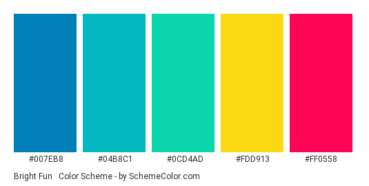 Bright Fun #6 - Color scheme palette thumbnail - #007EB8 #04B8C1 #0CD4AD #FDD913 #FF0558 