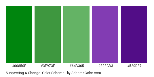 Suspecting a Change - Color scheme palette thumbnail - #00850E #3E973F #64B365 #823CB3 #520D87 