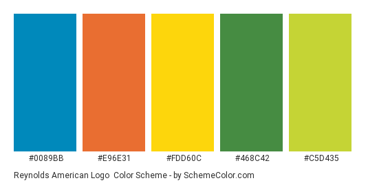 Reynolds American Logo - Color scheme palette thumbnail - #0089bb #e96e31 #fdd60c #468c42 #c5d435 
