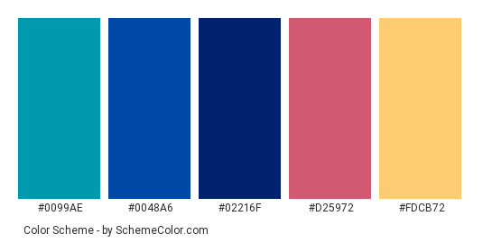 Rocky Blues - Color scheme palette thumbnail - #0099ae #0048a6 #02216f #d25972 #fdcb72 