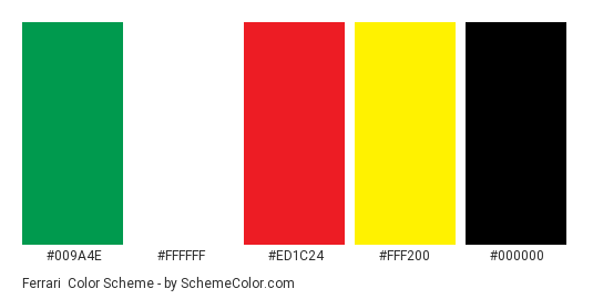 Ferrari - Color scheme palette thumbnail - #009a4e #ffffff #ed1c24 #fff200 #000000 