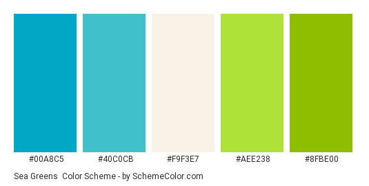 Sea Greens - Color scheme palette thumbnail - #00A8C5 #40C0CB #F9F3E7 #AEE238 #8FBE00 