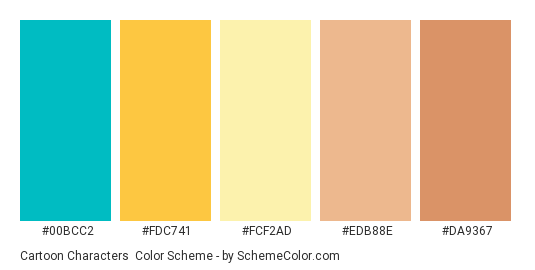 Cartoon Characters - Color scheme palette thumbnail - #00BCC2 #FDC741 #FCF2AD #EDB88E #DA9367 