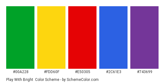 Play with Bright - Color scheme palette thumbnail - #00a228 #fdd60f #e50305 #2c61e3 #743699 