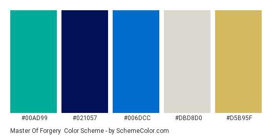 Master of Forgery - Color scheme palette thumbnail - #00ad99 #021057 #006dcc #dbd8d0 #d5b95f 
