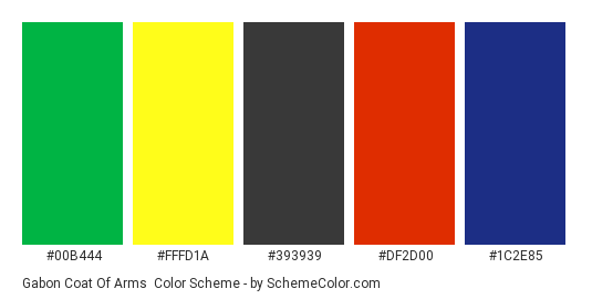 Gabon Coat of Arms - Color scheme palette thumbnail - #00b444 #fffd1a #393939 #df2d00 #1c2e85 