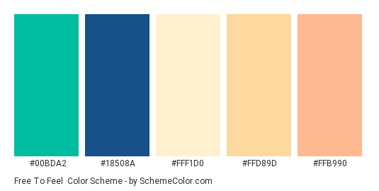 Free to Feel - Color scheme palette thumbnail - #00bda2 #18508a #fff1d0 #ffd89d #ffb990 