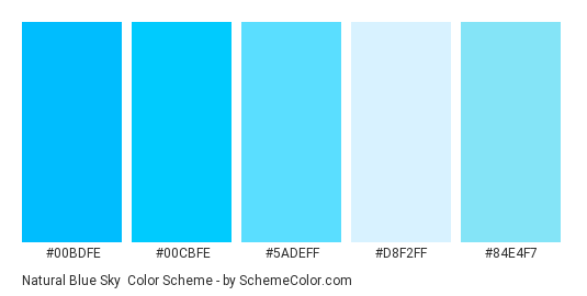 Natural Blue Sky - Color scheme palette thumbnail - #00bdfe #00cbfe #5adeff #d8f2ff #84e4f7 