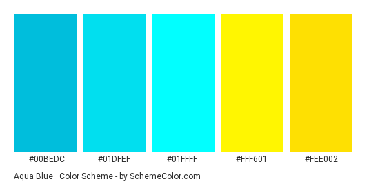 Aqua Blue & Yellow - Color scheme palette thumbnail - #00bedc #01dfef #01ffff #fff601 #fee002 