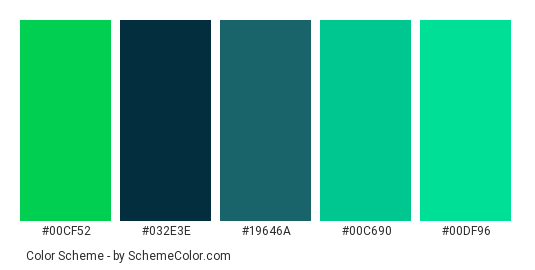 Northern Lights - Color scheme palette thumbnail - #00cf52 #032e3e #19646a #00c690 #00df96 
