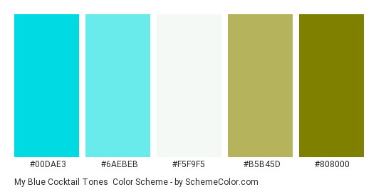 My Blue Cocktail Tones - Color scheme palette thumbnail - #00dae3 #6aebeb #F5F9F5 #b5b45d #808000 