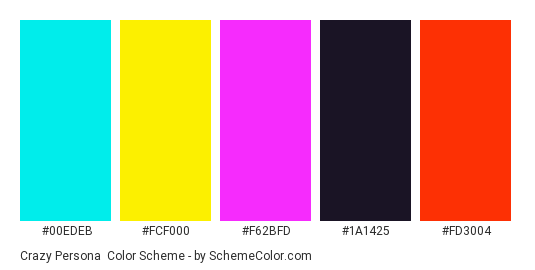 Crazy Persona - Color scheme palette thumbnail - #00edeb #fcf000 #f62bfd #1a1425 #fd3004 