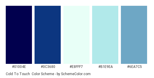 Cold to Touch - Color scheme palette thumbnail - #01004E #0C3680 #E8FFF7 #B1E9EA #6EA7C5 
