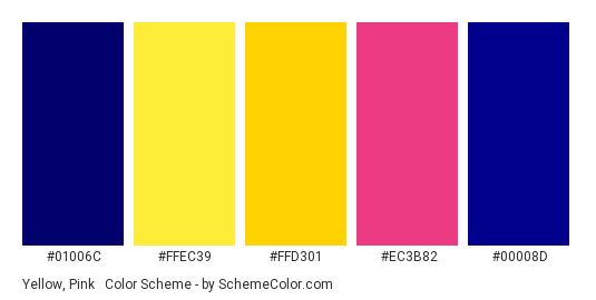 Yellow, Pink & Dark Blue - Color scheme palette thumbnail - #01006c #FFEC39 #FFD301 #EC3B82 #00008D 