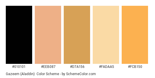Gazeem (Aladdin) - Color scheme palette thumbnail - #010101 #eeb087 #d7a156 #fadaa5 #fcb150 