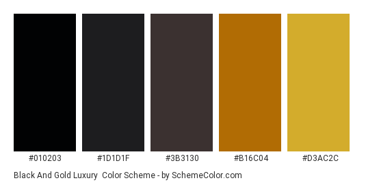 Black and Gold Luxury - Color scheme palette thumbnail - #010203 #1D1D1F #3B3130 #B16C04 #D3AC2C 