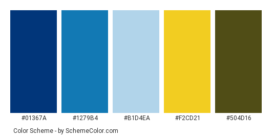 Pineapple in Pool - Color scheme palette thumbnail - #01367a #1279b4 #b1d4ea #f2cd21 #504d16 