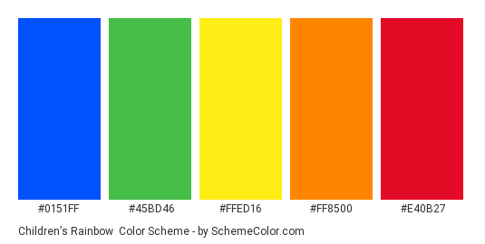 Children’s Rainbow - Color scheme palette thumbnail - #0151ff #45bd46 #ffed16 #ff8500 #e40b27 