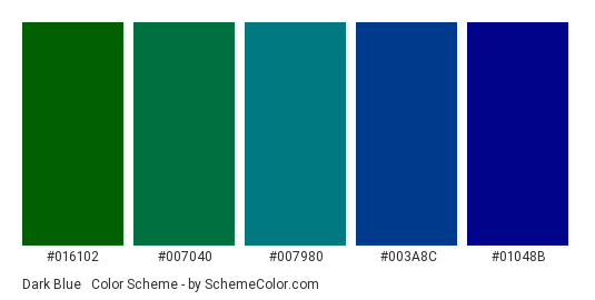 Dark Blue & Green Gradient - Color scheme palette thumbnail - #016102 #007040 #007980 #003a8c #01048b 