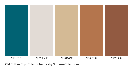Old Coffee Cup - Color scheme palette thumbnail - #016273 #E2DBD5 #D4BA95 #B4754D #925A41 