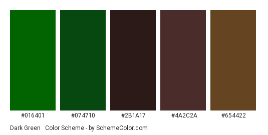 Dark Green & Brown - Color scheme palette thumbnail - #016401 #074710 #2B1A17 #4A2C2A #654422 