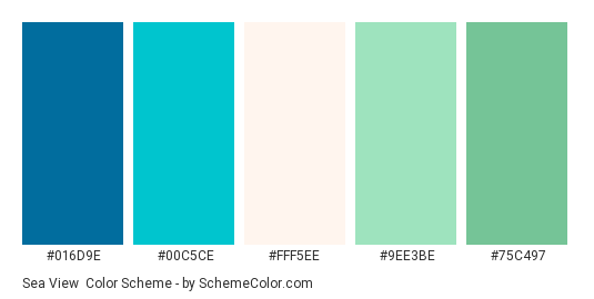 Sea View - Color scheme palette thumbnail - #016d9e #00c5ce #fff5ee #9ee3be #75c497 