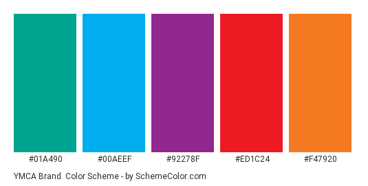 YMCA Brand - Color scheme palette thumbnail - #01A490 #00AEEF #92278F #ED1C24 #F47920 