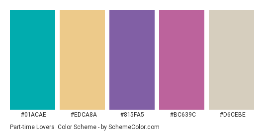 Part-time Lovers - Color scheme palette thumbnail - #01acae #edca8a #815fa5 #bc639c #d6cebe 