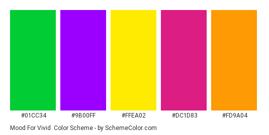 Mood for Vivid - Color scheme palette thumbnail - #01cc34 #9b00ff #ffea02 #dc1d83 #fd9a04 
