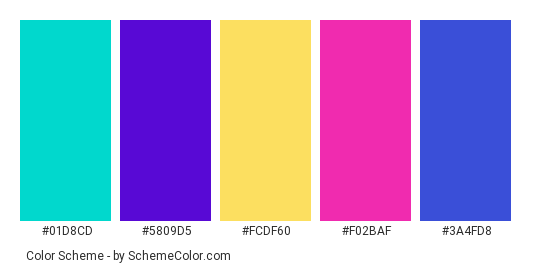 Rainbow Hair - Color scheme palette thumbnail - #01d8cd #5809d5 #fcdf60 #f02baf #3a4fd8 