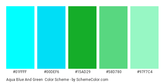Aqua Blue and Green - Color scheme palette thumbnail - #01ffff #00def6 #15ad29 #58d780 #97f7c4 