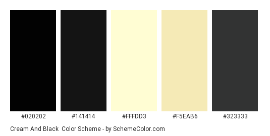 Cream and Black - Color scheme palette thumbnail - #020202 #141414 #fffdd3 #f5eab6 #323333 