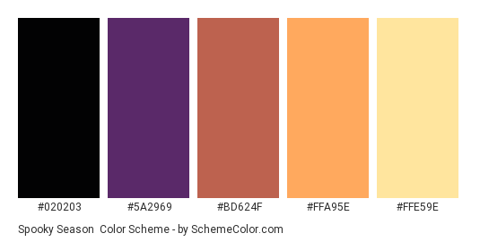 Spooky Season - Color scheme palette thumbnail - #020203 #5a2969 #BD624F #FFA95E #FFE59E 