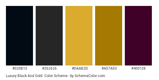 Luxury Black and Gold - Color scheme palette thumbnail - #020b13 #262626 #daab2d #a57a03 #400128 