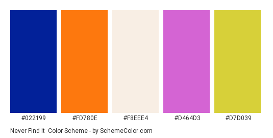 Never Find It - Color scheme palette thumbnail - #022199 #FD780E #F8EEE4 #D464D3 #D7D039 