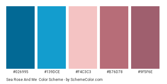 Sea Rose and Me - Color scheme palette thumbnail - #026995 #139dce #f4c3c3 #b76d78 #9f5f6e 