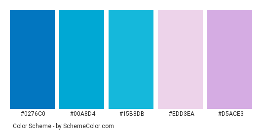 Blue-Pink Glass - Color scheme palette thumbnail - #0276c0 #00a8d4 #15b8db #edd3ea #d5ace3 