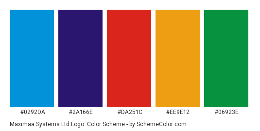 Maximaa Systems Ltd Logo - Color scheme palette thumbnail - #0292DA #2A166E #DA251C #EE9E12 #06923E 