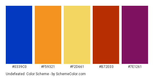 Undefeated - Color scheme palette thumbnail - #0339C0 #F59321 #F2D661 #B72E03 #7E1261 