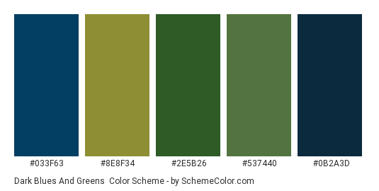 Dark Blues and Greens - Color scheme palette thumbnail - #033f63 #8e8f34 #2e5b26 #537440 #0b2a3d 