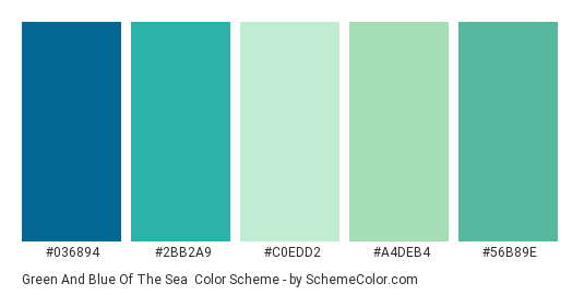 Green and Blue of the Sea - Color scheme palette thumbnail - #036894 #2BB2A9 #C0EDD2 #A4DEB4 #56B89E 