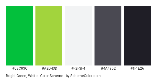 Bright Green, White & Black - Color scheme palette thumbnail - #03C03C #A2D43D #F2F3F4 #4A4952 #1F1E26 