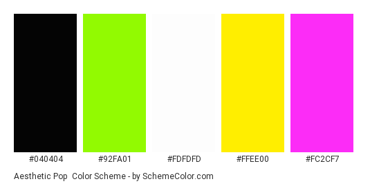 Aesthetic Pop - Color scheme palette thumbnail - #040404 #92fa01 #fdfdfd #ffee00 #fc2cf7 