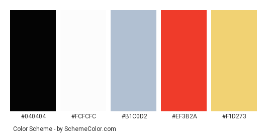 African Crane - Color scheme palette thumbnail - #040404 #fcfcfc #b1c0d2 #ef3b2a #f1d273 